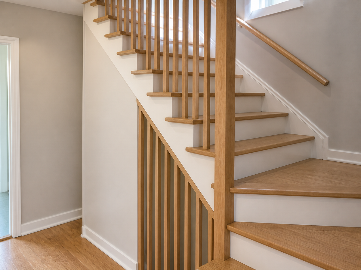 Détail des marches et balustres de l’escalier en chêne blanc