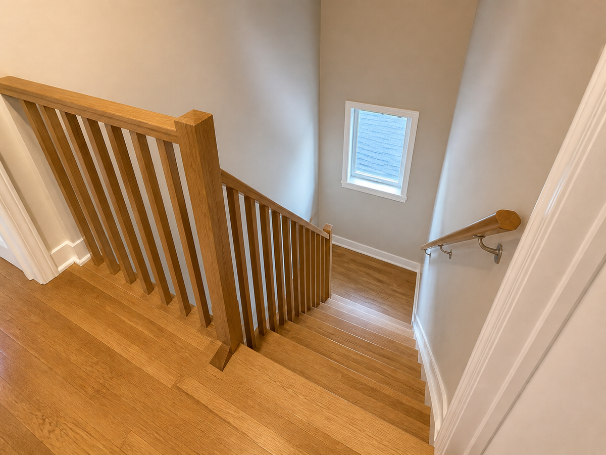 Escalier en chêne blanc vu depuis le palier supérieur