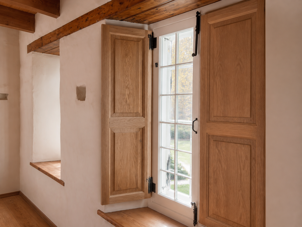 Détail des volets intérieurs en chêne sur mesure